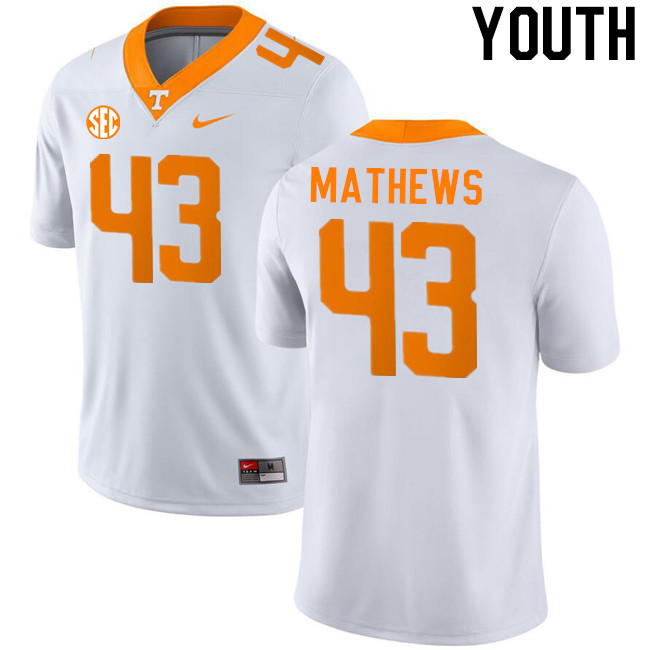 Youth #43 Jackson Mathews Tennessee Volunteers College Football Jerseys Stitched-White